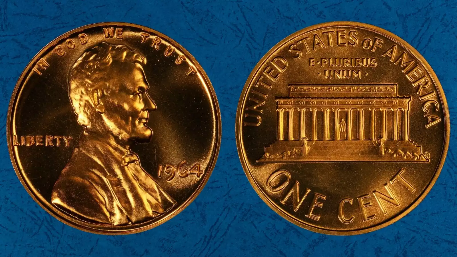 1964 Lincoln Memorial penny obverse showing Abraham Lincoln portrait with 1964 date and reverse showing Lincoln Memorial with FG initials