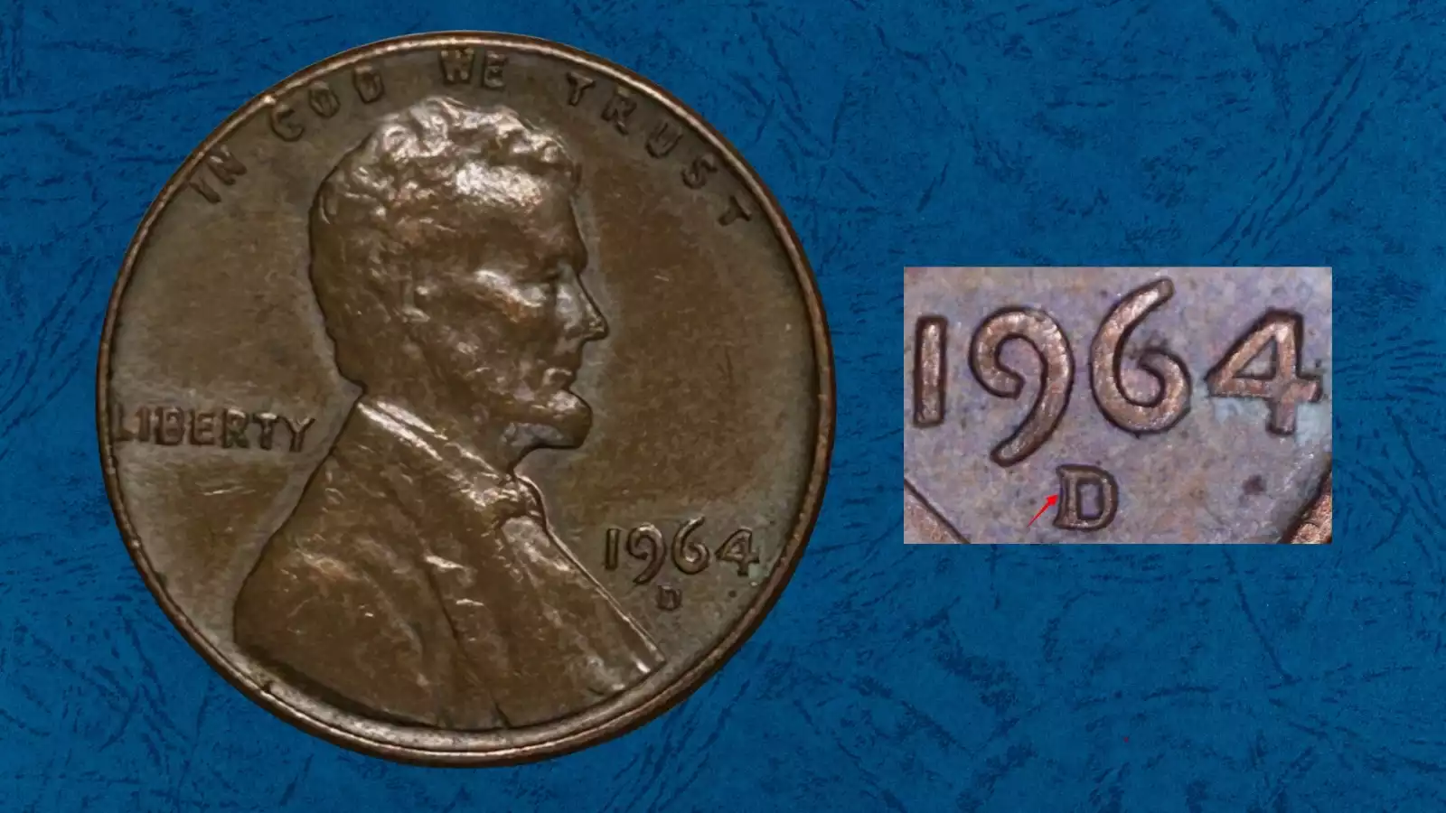 1964 Lincoln penny grading strip showing four condition tiers from heavily worn Brown to gem Red uncirculated with full copper brilliance