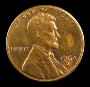 1964-D Lincoln penny RPM repunched mint mark close-up showing doubled D with secondary punch impression offset from primary