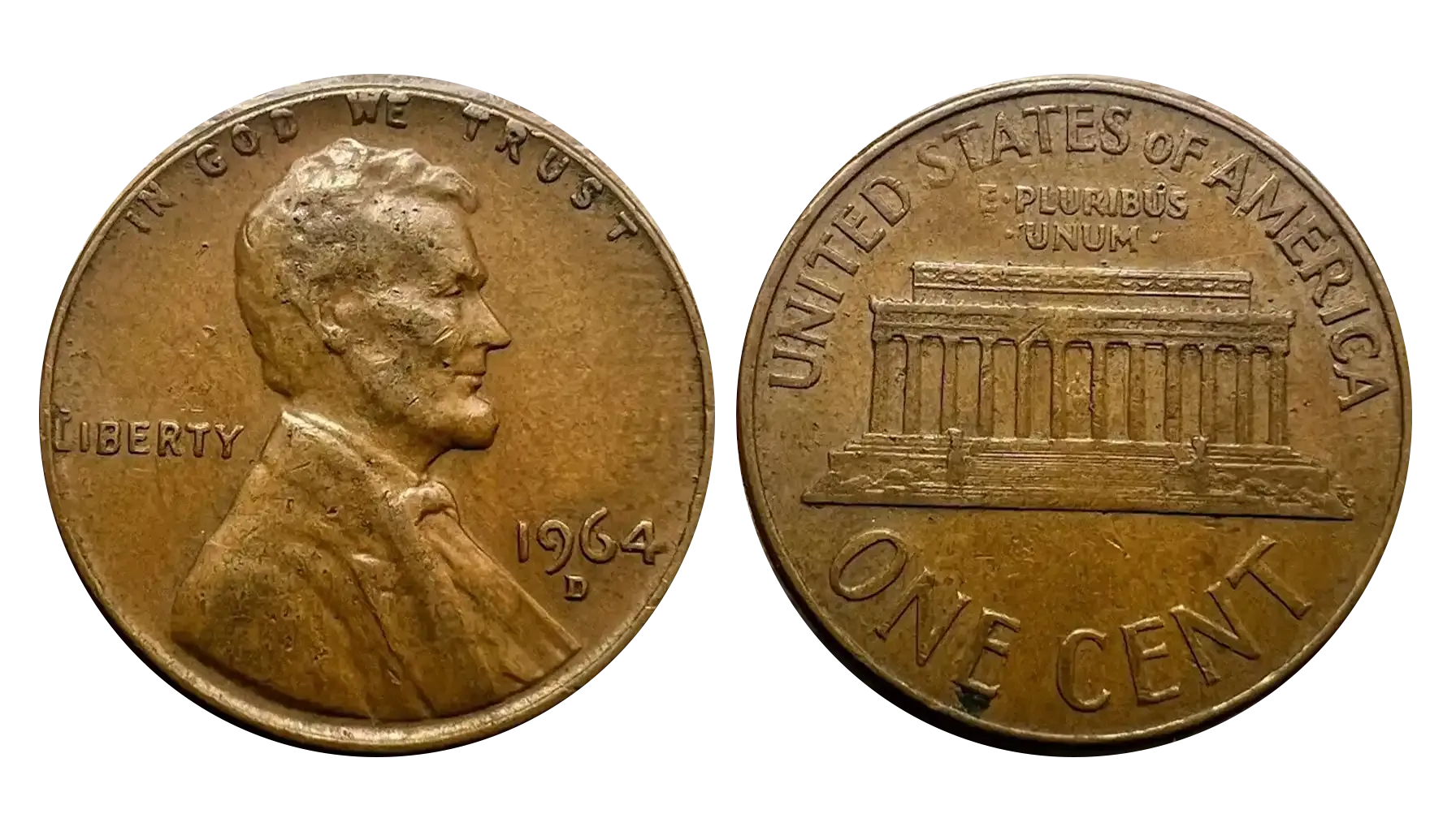 Spread of 1964 Lincoln Memorial pennies showing Philadelphia no-mint-mark and Denver D examples with varying copper toning from Red to Brown